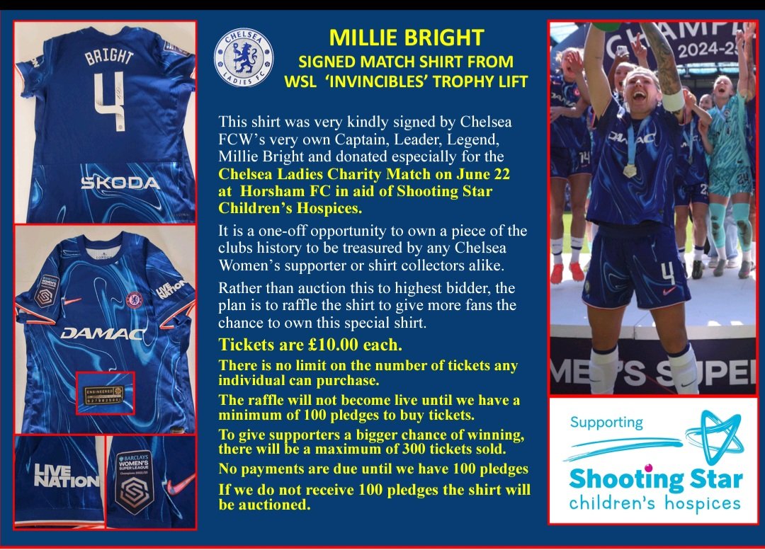Your chance to own a piece of history. Millie Bright signed this shirt, especially for our Charity Match.
Tickets £10. We need 100 pledges for raffle to go live. No payment is required until the 100 target is met. To pledge state below how many tickets you would like to purchase