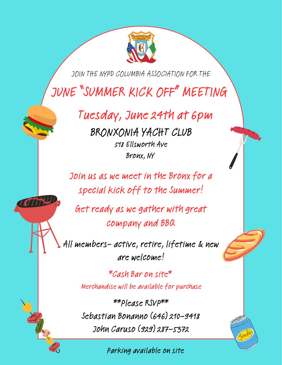 🔥☀️ Join us for our June “Summer Kick Off” Meeting on Tue, June 24 at 6PM at the Bronxonia Yacht Club!
All members are welcome! 🍔🌭

Great company, BBQ, merch &amp; a cash bar.
Let’s kick off summer Columbia-style! 🇮🇹
📍518 Ellsworth Ave, Bronx
Parking on site!
RSVP Today