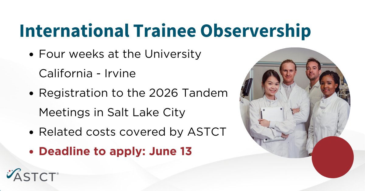 ASTCT (@astct) on Twitter photo Applications are open for the 2026 International Trainee Observership Program. One international trainee from a low/mid-income country will participate in 4 week-long observership at the <a href="/UofCAHealth/">University of California Health</a> - Irvine.
📆 Deadline to apply: Friday, June 13
ow.ly/Ih0650VK0vn Applications are open for the 2026 International Trainee Observership Program. One international trainee from a low/mid-income country will participate in 4 week-long observership at the <a href="/UofCAHealth/">University of California Health</a> - Irvine.
📆 Deadline to apply: Friday, June 13
ow.ly/Ih0650VK0vn