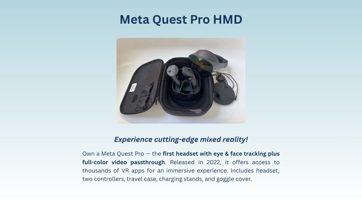 ✨ Highlighting One of Our Exclusive AR/VR Auction Items ✨

This Meta Quest Pro can be yours if you click the link below and place your bid! We have a collection of auction items every XR enthusiast will love. Check it out!

👉 givebutter.com/c/ALGwKe/aucti…