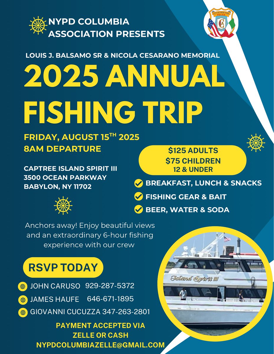 🎣⚓️ Set sail with the NYPD Columbia Association for our 2025 Annual Fishing Trip!

📅 Friday, August 15 | ⏰ 8AM
📍 Captree Island Spirit III, Babylon, NY

Enjoy 6 hours of fishing, breakfast, lunch, snacks, &amp; drinks – gear included!

🎟️ $125 Adults | $75 Kids 12 &amp; under
📩 RSVP