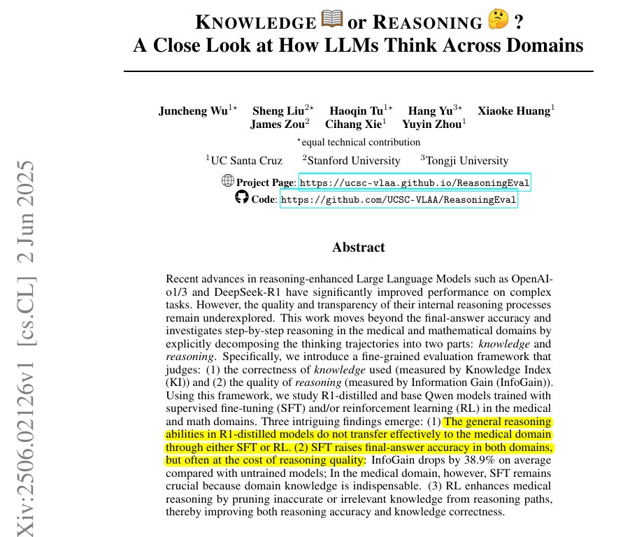 Brilliant Paper.  

We need to evaluate reasoning steps separately for knowledge correctness and reasoning quality

LLMs give a single right answer but hide wrong facts or sloppy reasoning. 

This paper scores each reasoning step, exposing which sentences supply real knowledge
