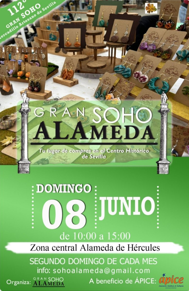 Atención! Como cada segundo domingo del mes, mañana estaremos en Gran Soho Alameda. Último de la temporada!!  De 10 a 15:30h. El mejor Mercadillo de Sevilla, y a beneficio de Ápice, donde podréis encontrar numerosos stands de calidad, además de nuestros trabajos. Os esperamos!