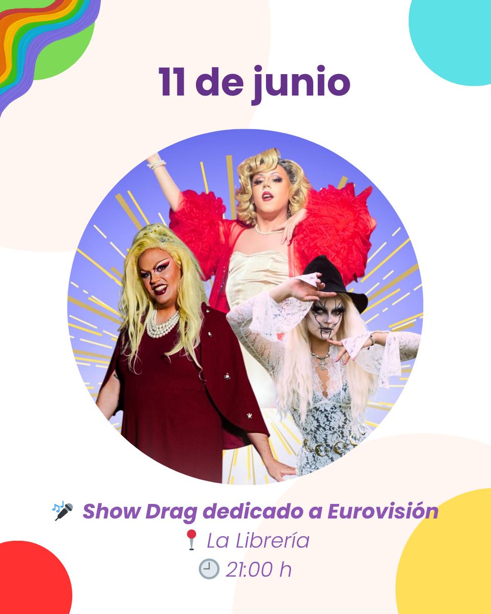 JereLesGay's tweet photo. ➡️ 𝗠𝗶𝗲́𝗿𝗰𝗼𝗹𝗲𝘀 𝟭𝟭 𝗷𝘂𝗻𝗶𝗼:
¿Eurovisión + Drag Queens + Orgullo? ¡Una noche mágica en La Librería!

➡️ 𝗝𝘂𝗲𝘃𝗲𝘀 𝟭𝟮 𝗷𝘂𝗻𝗶𝗼:
🖼️ Exposición de arte LGTBIQAP+ andaluz + #BingoDrag en un mismo espacio.
Nos vemos, nos reímos, nos celebramos. 🎱 https://t.co/rn2mW48CVu