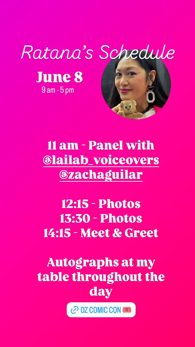 Ratana ๐๐ (@voiceofratana) on Twitter photo I cannot believe today is the last day of Melbourne <a href="/OzComicCon/">Oz Comic-Con</a> ๐ญ๐
Hereโs my schedule- will I see you there? I cannot believe today is the last day of Melbourne <a href="/OzComicCon/">Oz Comic-Con</a> ๐ญ๐
Hereโs my schedule- will I see you there?