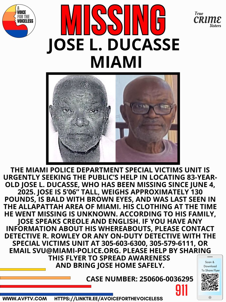 🚨 MISSING ADULT – PLEASE SHARE 🚨
The Miami Police Department is asking for the public’s help in locating 83-year-old Jose L. Ducasse, who has been missing since June 4, 2025. He was last seen in the Allapattah area of Miami.

Jose is 5’06”, approximately 130 pounds, bald, with