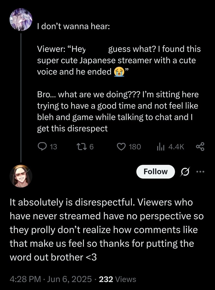 I kinda feel like this is a difference between people who stream for money only and people who stream because they enjoy it and the culture around it.

Not once in my life have I had a fan tell me about another streamer and had such a negative reaction to it. It's always "hey