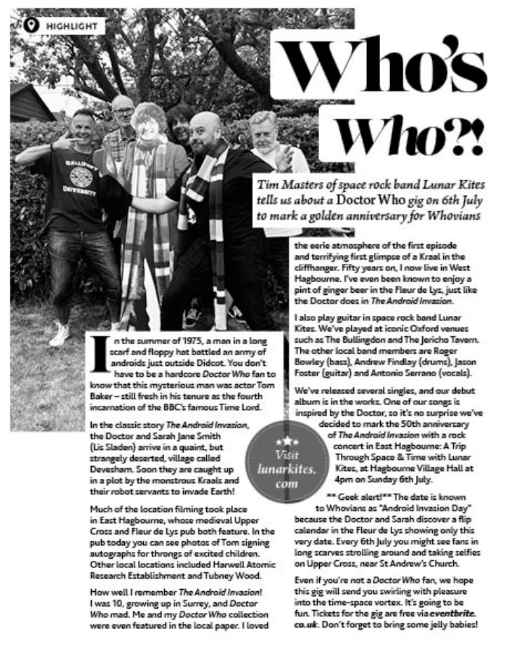 Lunar Kites (@lunarkitesband) on Twitter photo Thanks <a href="/randamag/">Round & About Magazine</a> for your brilliant coverage of our upcoming #DoctorWho gig in East Hagbourne!
#AndroidInvasionDay
#LunarKites Thanks <a href="/randamag/">Round & About Magazine</a> for your brilliant coverage of our upcoming #DoctorWho gig in East Hagbourne!
#AndroidInvasionDay
#LunarKites