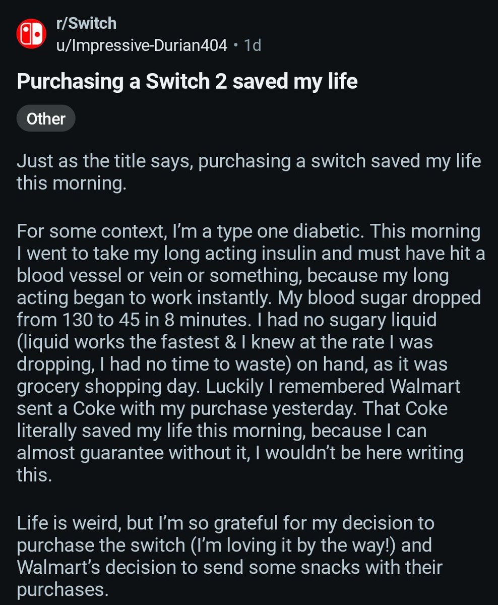 The coke Walmart sent with the Switch 2 preorders saved this person life.

reddit.com/r/Switch/s/Niv…