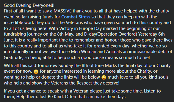 ImMrFluffyToYou's tweet photo. Good Afternoon Everyone!!! So tomorrow is the last day of our Charity event raising funds via #twitch and @JustGiving for the Veterans who so desperately need our support! @CombatStress do INCREDIBLE work so please if you want to learn more or help our please do! Links in comment https://t.co/YpQfgVwHBs