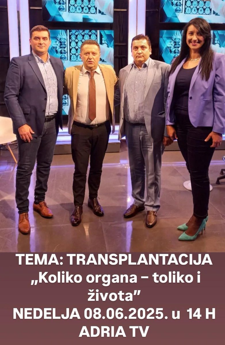 TEMA:  TRANSPLANTACIJA 
„Koliko organa – toliko i života”
NEDELJA, 08.06.2025. u 14 h ADRIA TV