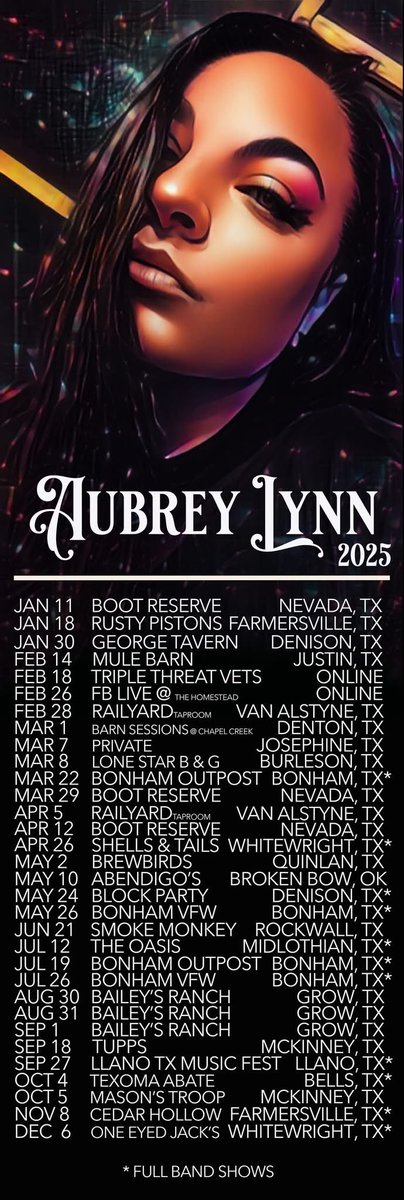 aubreylynnmusic's tweet image. 🌞NEW SHOW ADDED!🌞
We’d love to come play at your venue, festival, or private party event in 2025! WE ARE BOOKING! Contact us via email: aubreylynnmusic@gmail.com and let’s book a date! #AubreyLynnMusic #booking2025 #risingcreator #Texas #Country #Music #LIVE #shows #veterans