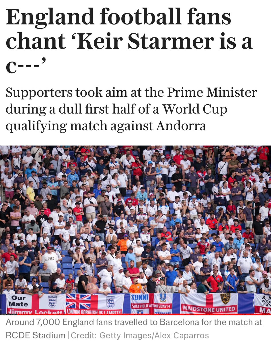 🚨 NEW: England fans in Barcelona didn’t hold back!!

Thousands broke into chants of “Keir Starmer is a c—” during the Andorra match — a brutal verdict from ordinary Brits on the state of the country.

They’re sick of the lies, the betrayal, the weakness.

You can’t spin this one
