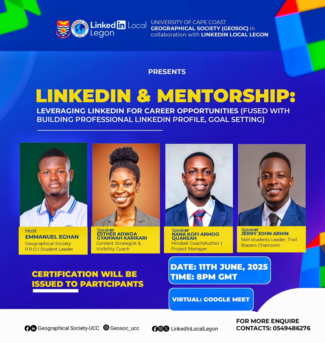 GeosocOfficial's tweet photo. *Geosoc UCC in collaboration with LinkedInLocalLegon PRESENTS ______

LinkedIn &amp; Mentorship: Leveraging LinkedIn for Career Opportunities!

Join the mentorship page and take the first step towards career success! 
https://t.co/x0qJ41ttCv 

Publicity &amp; Media Committee'24/'25📸🎨 https://t.co/T7EbiW38gq