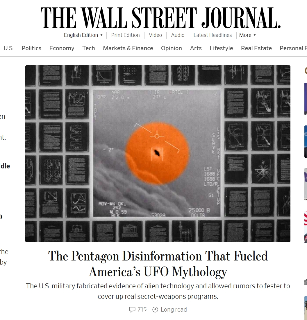 DSDOConnor's tweet image. Absolute bomshell on the @WSJ front page today. The whole 78-year post-Roswell "US-gov-has-alien-tech" movement was a psyop—as I've always argued, & as WSJ just proved.
Sadly, the ET/UFO Deception promoters will only double down.
Refute them: amazon.com/dp/1957168102