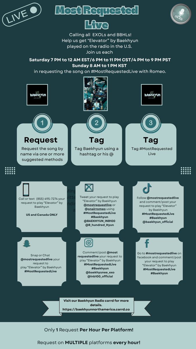 amerikyoong's tweet image. EXOLs and BBHLs, it&apos;s Saturday, which means it&apos;s #mostrequestedlive night. We have the hottest new release on our hands! Ask
@OnAirRomeo
to play #Elevator by Baekhyun. &quot;FRESH REQUESTS EACH HOUR&quot; We have done all the work for you!  See our Baekhyun Radio carrd for details on how…