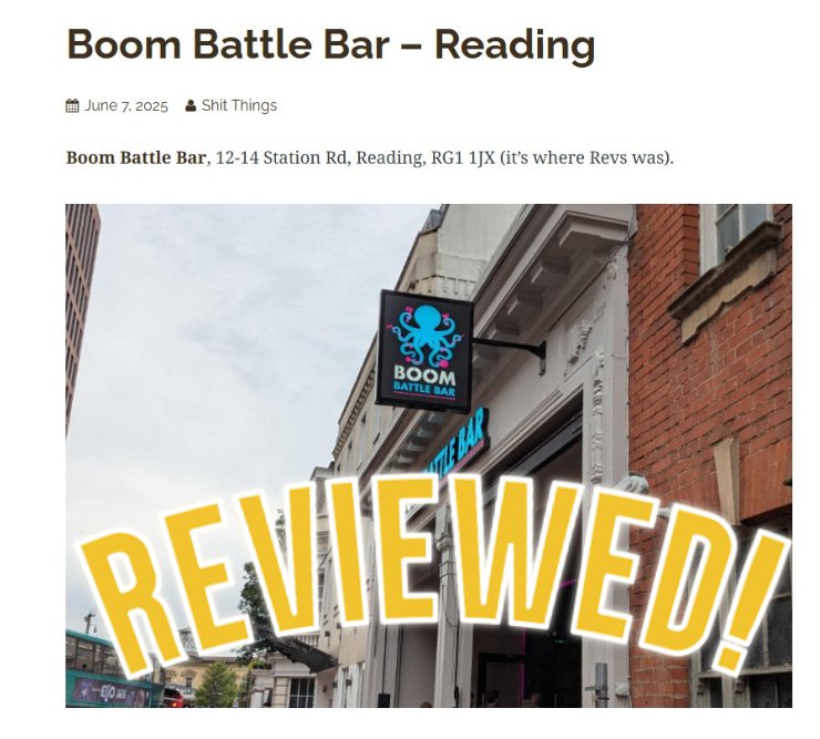 The pub/bar reviews are BACK. I know you're excited. 

First up? <a href="/boombattlebar/">BOOM BATTLE BAR</a>. Where you can chuck axes about. For some reason.

shitandnotshitpubsinreading.com/2025/06/07/boo…

#RDGUK