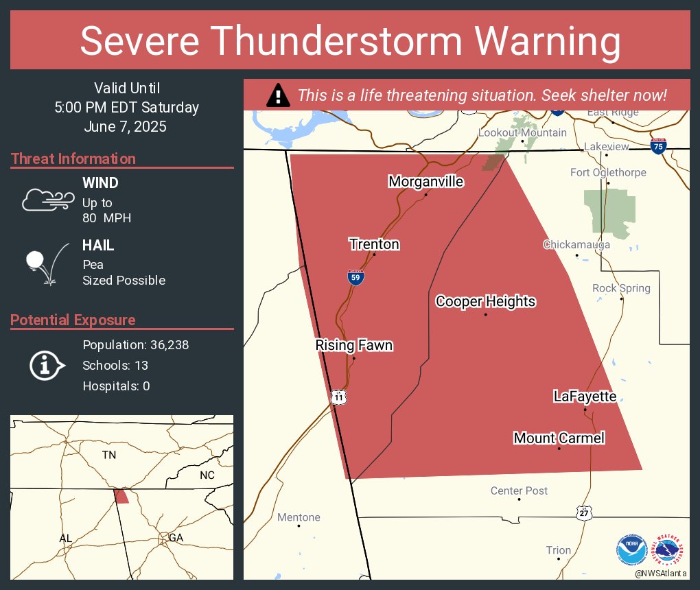 Severe Thunderstorm Warning continues for LaFayette GA, Trenton GA and ...
