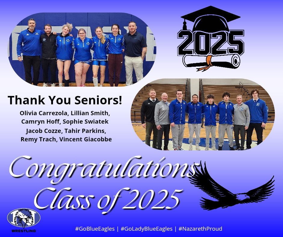 Nazareth Wrestling (@nazwrestling) on Twitter photo 🚨GRADUATION DAY🚨
Congratulations to our Senior Wrestlers & the <a href="/NASDBlueEagles/">NASD Blue Eagles</a> Class of 2025 🎓!
Best wishes to all in your future endeavors!
#NazarethProud | #classof2025
#GoBlueEagles | #GoLadyBlueEagles
🔵🦅🤼♀️🤼♂️ 🚨GRADUATION DAY🚨
Congratulations to our Senior Wrestlers & the <a href="/NASDBlueEagles/">NASD Blue Eagles</a> Class of 2025 🎓!
Best wishes to all in your future endeavors!
#NazarethProud | #classof2025
#GoBlueEagles | #GoLadyBlueEagles
🔵🦅🤼♀️🤼♂️