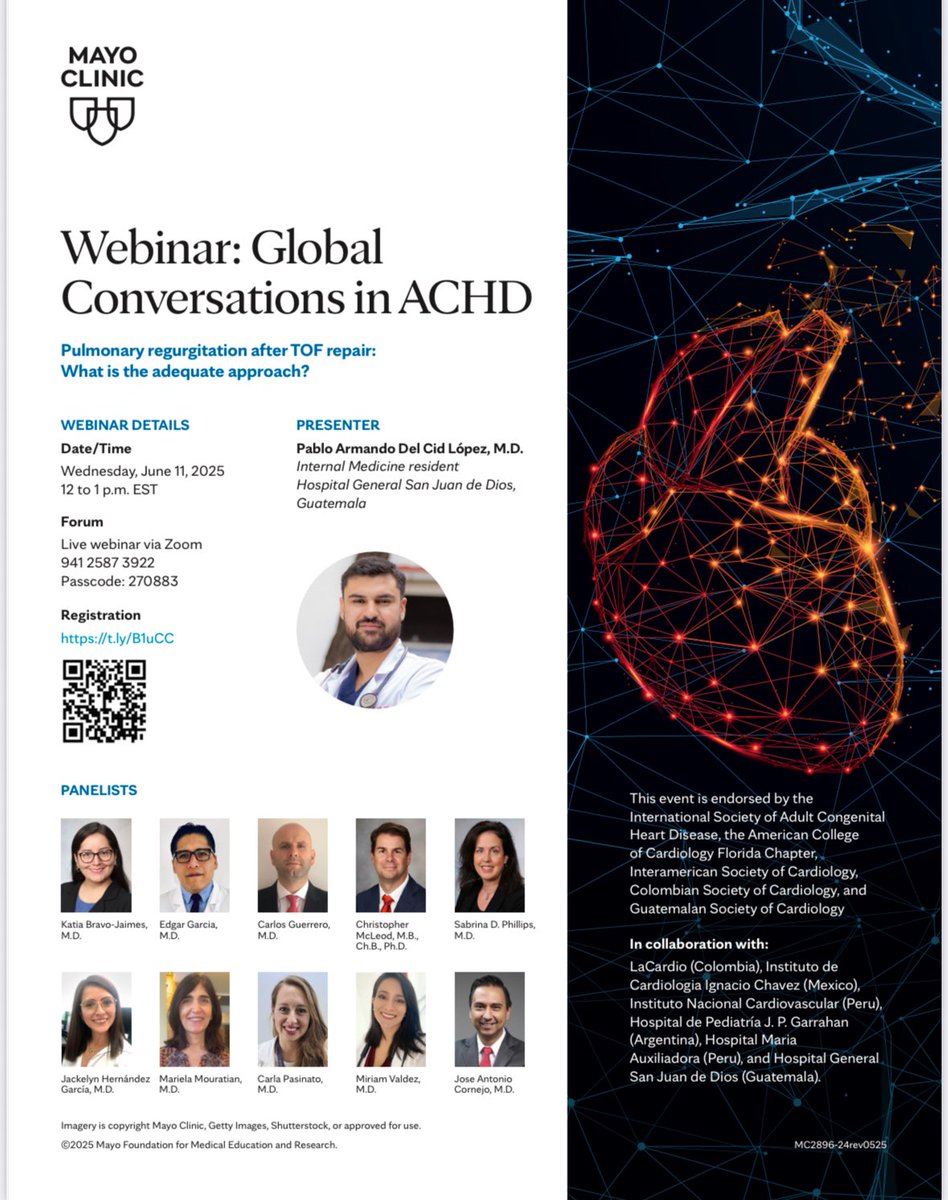 Katia Bravo, MD, FACC (@bravo__md) on Twitter photo 🚨#ACCFIT #ACHD #CardioTwitter #MedEd
Join us in our 25th session of “Global conversations in ACHD”
June 11th, 12-1pm EST
With endorsement from <a href="/ISACHD/">Int’l Society for Adult Congenital Heart Disease🌎</a> <a href="/FloridaACC/">Florida Chapter ACC</a> <a href="/SIAC_cardio/">SIAC</a> <a href="/sccccardio/">Sociedad Colombiana de Cardiología</a> Sociedad Guatemalteca de Cardiologia
🇺🇸 🇲🇽 🇨🇴 🇵🇪 🇦🇷 🇬🇹
@MayoEquity <a href="/MayoClinicCV/">Mayo Clinic CV</a> 🚨#ACCFIT #ACHD #CardioTwitter #MedEd
Join us in our 25th session of “Global conversations in ACHD”
June 11th, 12-1pm EST
With endorsement from <a href="/ISACHD/">Int’l Society for Adult Congenital Heart Disease🌎</a> <a href="/FloridaACC/">Florida Chapter ACC</a> <a href="/SIAC_cardio/">SIAC</a> <a href="/sccccardio/">Sociedad Colombiana de Cardiología</a> Sociedad Guatemalteca de Cardiologia
🇺🇸 🇲🇽 🇨🇴 🇵🇪 🇦🇷 🇬🇹
@MayoEquity <a href="/MayoClinicCV/">Mayo Clinic CV</a>