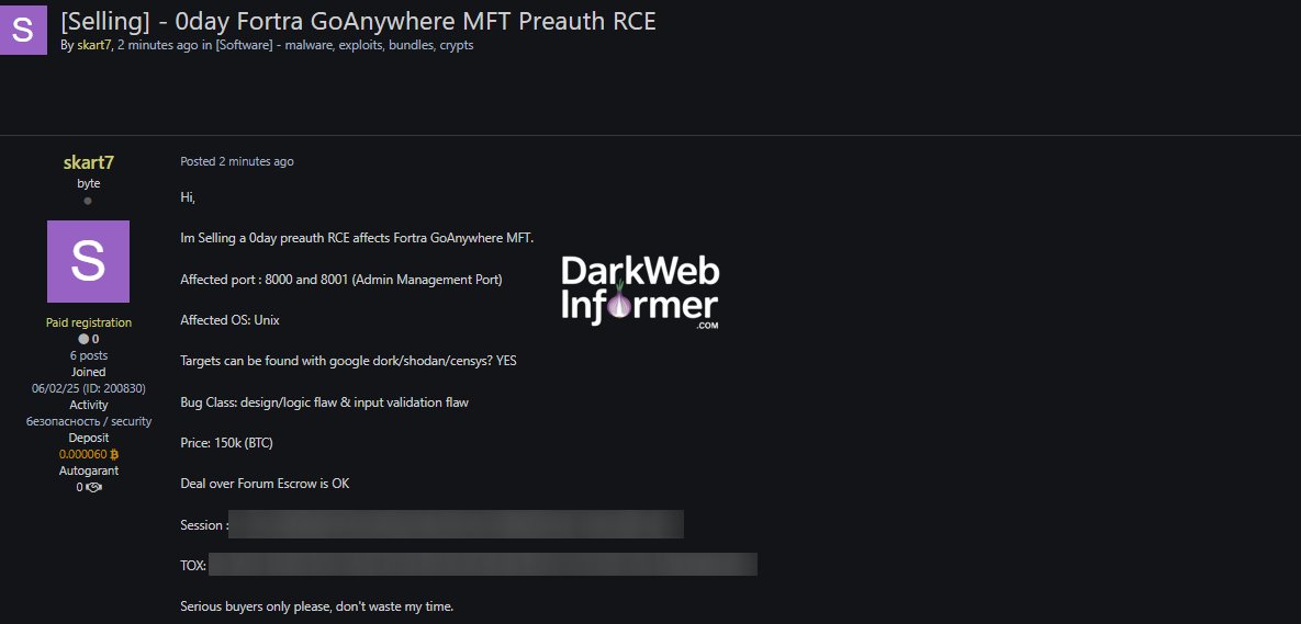 🚨Alleged Sale of a 0-day RCE Vulnerability Affecting Fortra GoAnywhere MFT