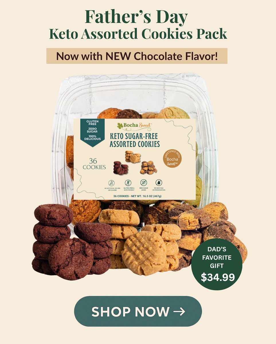 BochaSweet's tweet photo. Skip the tie 🎁 — give Dad 36 delicious keto cookies! Now with NEW Chocolate flavor 🍫 → just $34.99. 👉 Limited Father’s Day Pack → shop now! 🍪 https://t.co/o3vN33PfGW

#FathersDayGift #KetoCookies #LowCarbLife #BochaSweet https://t.co/Gt6rK1pEVR