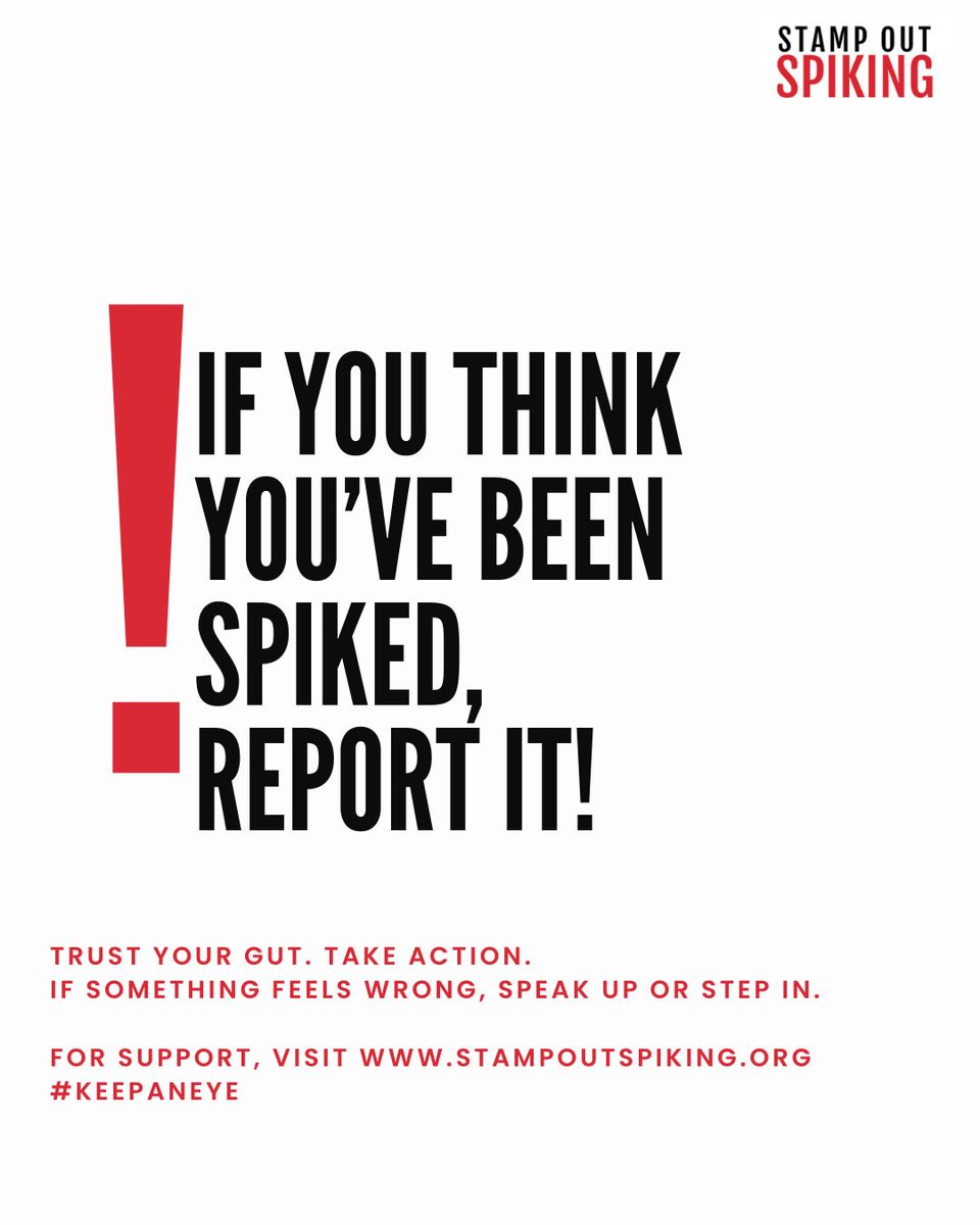 StampOutSpiking's tweet photo. 6 signs you or someone you know may have been spiked:
Blurred Vision
Sudden dizziness
Vomiting and loss of bladder control
Confusion and hallucinations
Feeling drunk quickly
Memory Loss
#StopSpiking #DrinkSafety #PartySafe #StampOutSpiking #keepaneye https://t.co/IyinUEVcux