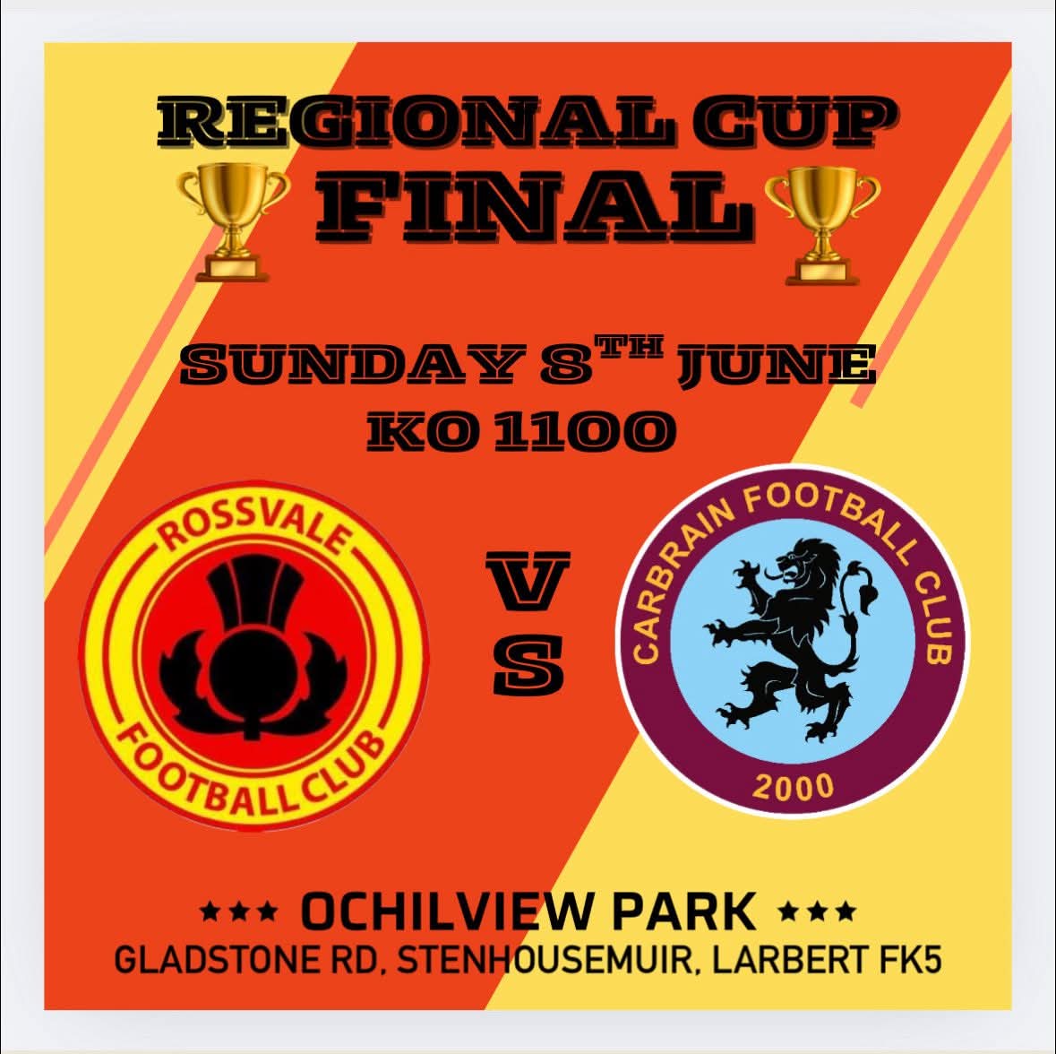 📣Regional Cup Final🏆

Entry fee is CASH only, £2 for Kids up to 16 yrs old &amp; OAP's. £5 for Adults
Come along show the boys your support🔴🟡

Rossvale City 2011 sponsored by @auditechnikcentre