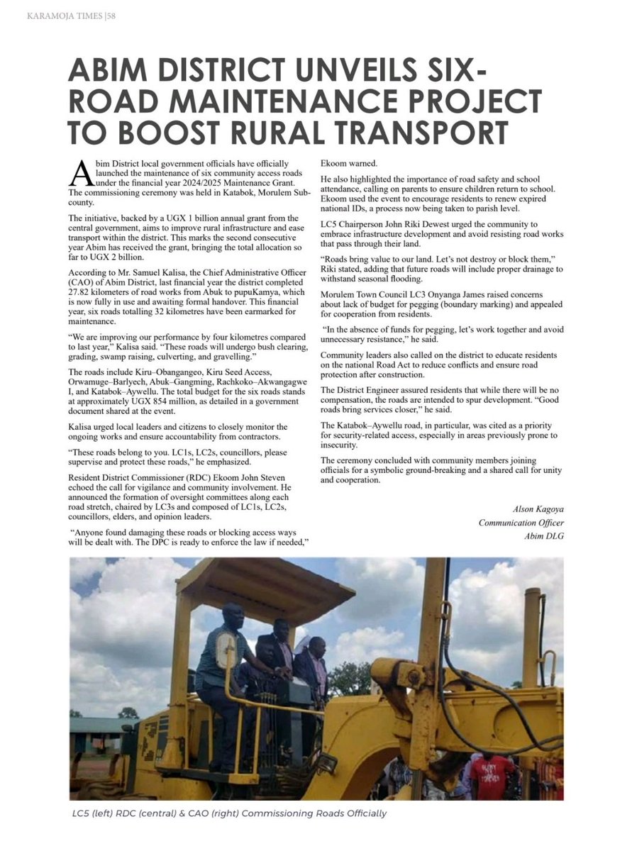 ABIM DISTRICT UNVEILS SIX ROAD MAINTENANCE PROJECT TO BOOST RURAL TRANSPORT. 
<a href="/carolinealson/">Caroline Alson Kagoya.</a> 
<a href="/cnoahug/">Andrew Noah Chebet</a> 
<a href="/MoLGUganda/">Ministry of Local Government</a> 
<a href="/UNRA_UG/">UNRA_UGANDA</a>