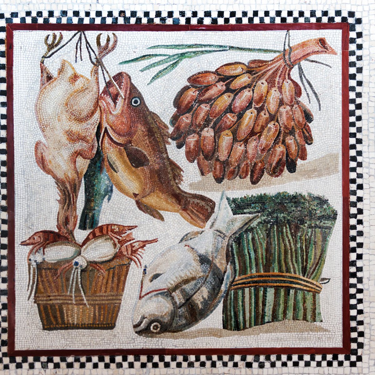 Still-life Roman mosaic depicting food items, Roman Empire, 1st century AD. Currently on display at the Vatican Museums.