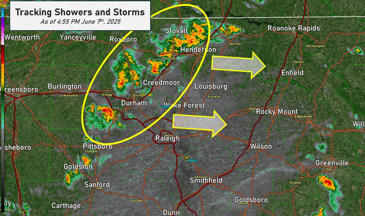 ⛈️Continuing to watch showers/storms now approaching the Triangle within the next hour.

Storms should deepen as they move into a favorable environment. 20-40 mph winds and heavy downpours will be probable for most. Isolated 40-60 mph winds and hail up to 1" is possible. #NCwx