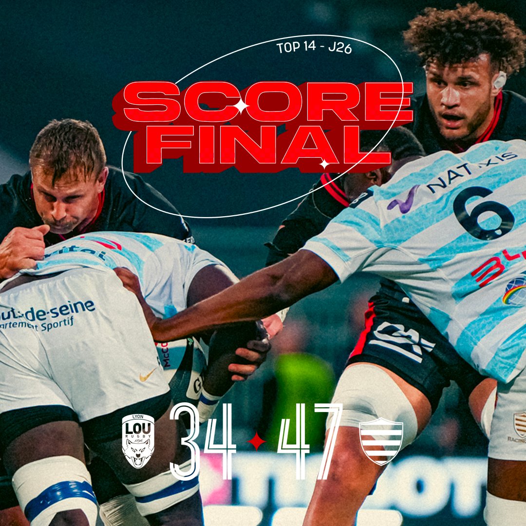 𝐏𝐚𝐬 𝐥𝐚 𝐟𝐢𝐧 𝐞𝐬𝐩𝐞́𝐫𝐞́𝐞… ✨

Les Lyonnais s’inclinent pour la dernière de la saison face au Racing 92, 34 à 47

#LaForceDuLOU
#LaMeute