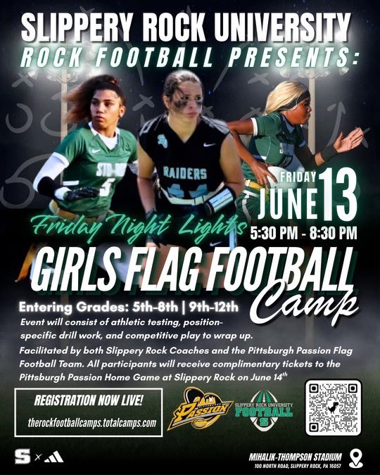 Slippery Rock Football (@srurockfb) on Twitter photo Sign up for our Girls Flag Football Camp!
Collaboration with <a href="/pghpassionFB/">Pittsburgh PassionFB</a> <a href="/pghpassion/">Pittsburgh Passion</a>
Link 🔗: therockfootballcamps.totalcamps.com Sign up for our Girls Flag Football Camp!
Collaboration with <a href="/pghpassionFB/">Pittsburgh PassionFB</a> <a href="/pghpassion/">Pittsburgh Passion</a>
Link 🔗: therockfootballcamps.totalcamps.com