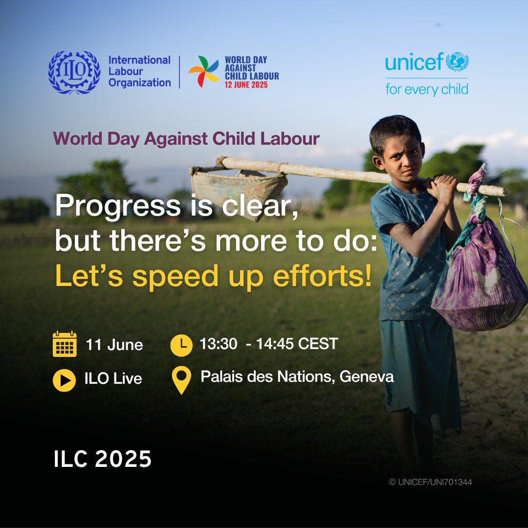 Join us for a high-level event marking World Day Against Child Labour 2025 and the launch of new global estimates by the ILO and @‌UNICEF.

🚸 Let’s accelerate action to #EndChildLabour, every child deserves a childhood. 

Details here: ow.ly/sPyb50W5yqL  #ILC2025