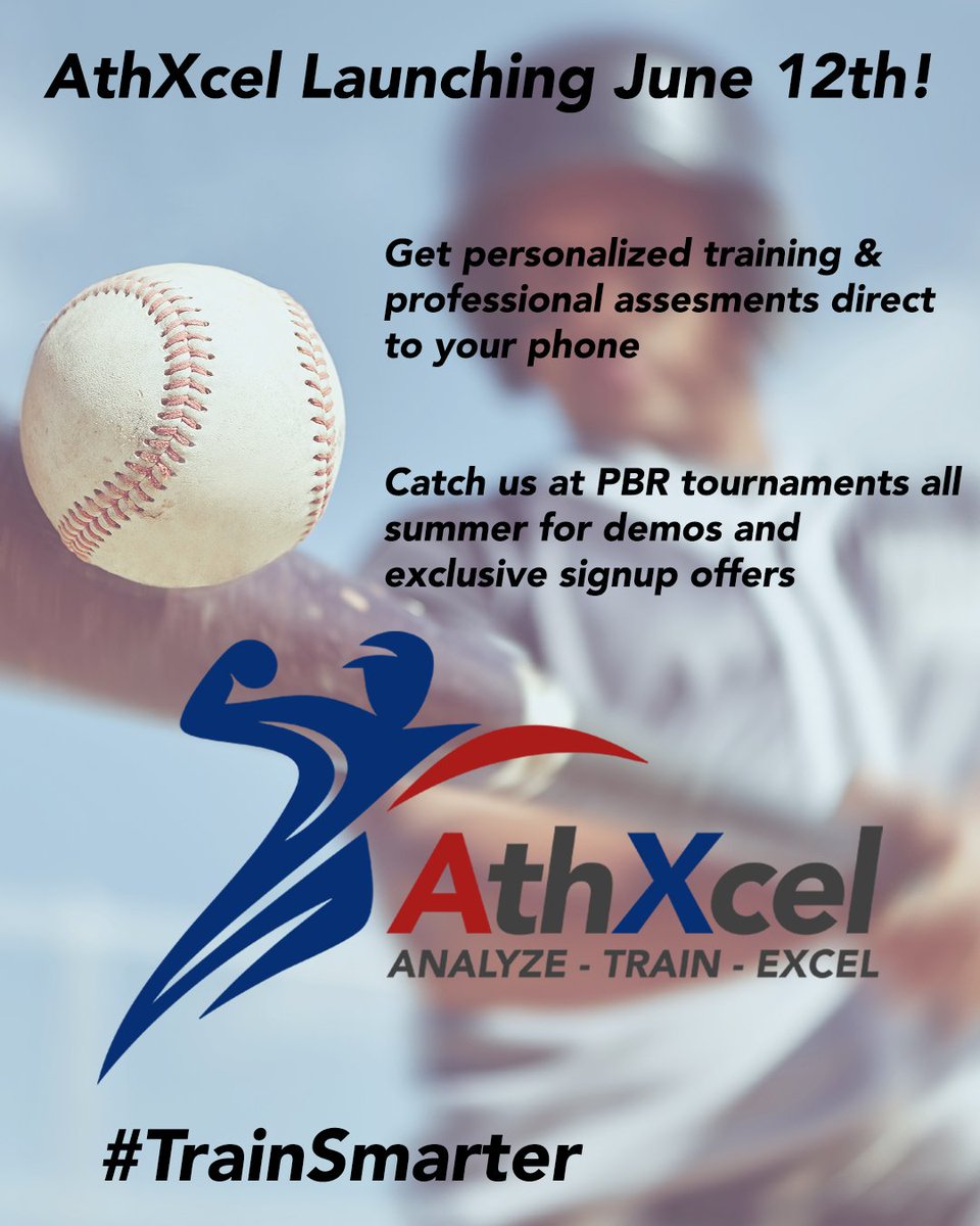 AthXCel's tweet photo. 🚨 AthXcel launches June 12th!  
📲 Personalized training &amp; pro assessments in your pocket.  
⚾ Join us at PBR tournaments this summer for live demos + sign-up specials.  
Let’s grind smarter!  

#AthXcel #TrainSmarter #BaseballTraining #PBR https://t.co/cb00XRk9so