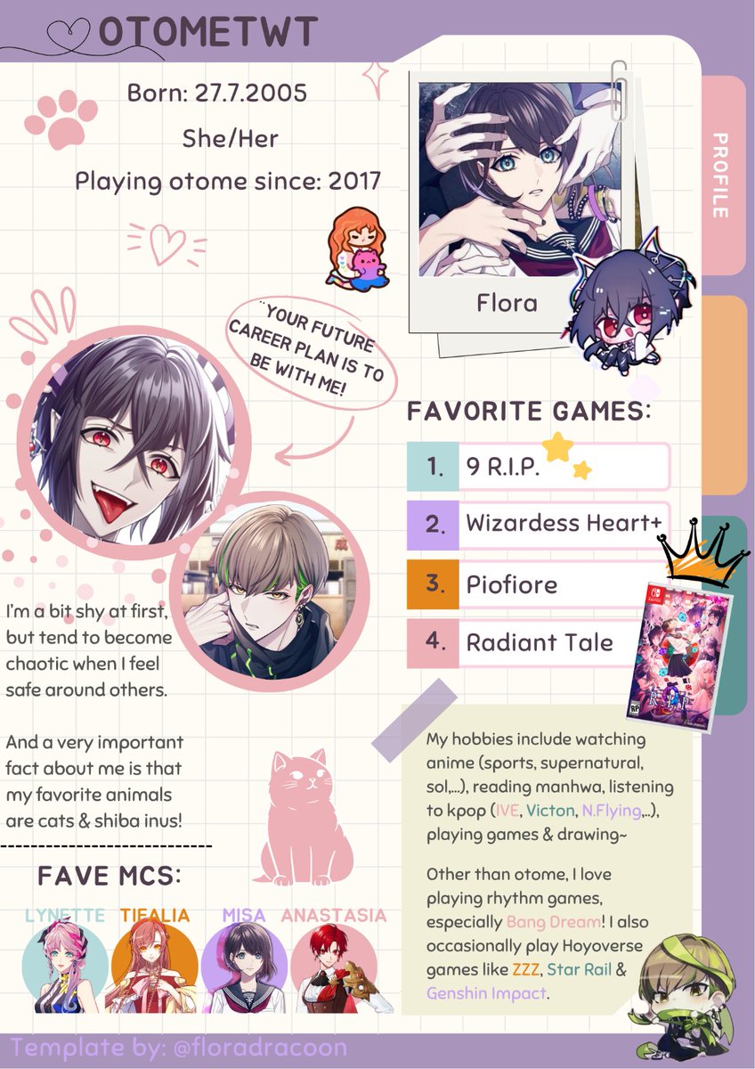 floradracoon's tweet image. Wanted to join with my very own otome intro! My name&apos;s Flora and I&apos;m looking for friends to talk about otome and other things I&apos;m interested in! I&apos;ve been playing mobile otome games for a long time, but started pretty recently playing on Switch as well
#otometwt | #otometwtintro