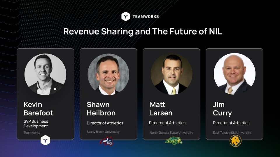 Meet us in Crystal A-F at 4:10 for "Revenue Sharing and the Future of NIL" session sponsored by <a href="/Teamworks/">Teamworks</a>