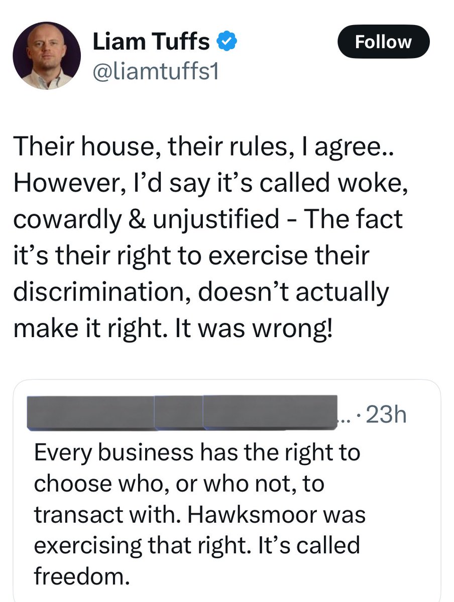 t/a Underscores Rn’t Us (@andyplumb4) on Twitter photo In <a href="/liamtuffs1/">Liam Tuffs</a> opinion, refusing service to a group of five diners, of which at least two are convicted violent criminals whose entire agenda is to spread anti-Muslim hate speech exclusively for personal financial gain is now considered to be ‘woke’
Grow up, mate. In <a href="/liamtuffs1/">Liam Tuffs</a> opinion, refusing service to a group of five diners, of which at least two are convicted violent criminals whose entire agenda is to spread anti-Muslim hate speech exclusively for personal financial gain is now considered to be ‘woke’
Grow up, mate.