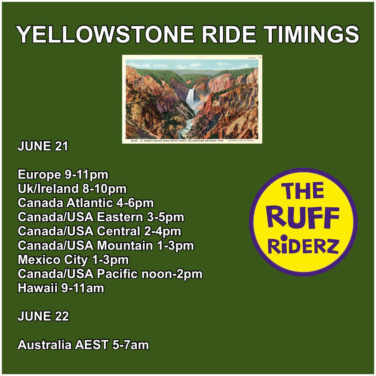 The next #theruffriderz ride has been revealed! 
The June ride is going to be in Yellowstone national park.
Check out the poster for timings
It's on 21st June
So get practicing that hashtag! It's THE at The start &amp; ends in a Z! #OTLFP