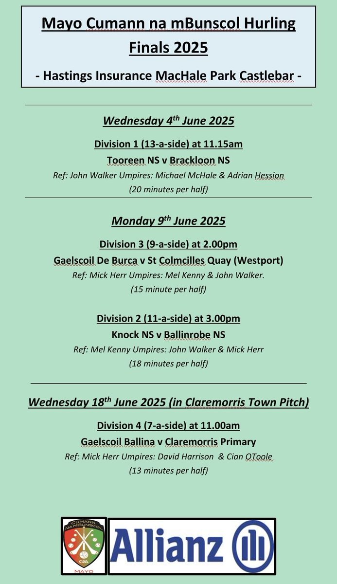 Cum na mBun MhaighEo (@mayocnmb) on Twitter photo On Monday we go again! This time with hurling! Will the battle be as epic as the <a href="/MunsterGAA/">Munster GAA / Comhairle na Mumhan</a> hurling final? <a href="/MayoGAA/">Mayo GAA</a> <a href="/radiomidwest/">Mid West Radio</a> <a href="/WesternPeople/">Western People</a> <a href="/mayonewssport/">Mayo News - Sport</a> <a href="/thecontel/">Connaught Telegraph</a> <a href="/westportgaa/">Westport GAA</a> <a href="/ballinrobegaa/">Ballinrobe GAA & LGFA</a> #allianz On Monday we go again! This time with hurling! Will the battle be as epic as the <a href="/MunsterGAA/">Munster GAA / Comhairle na Mumhan</a> hurling final? <a href="/MayoGAA/">Mayo GAA</a> <a href="/radiomidwest/">Mid West Radio</a> <a href="/WesternPeople/">Western People</a> <a href="/mayonewssport/">Mayo News - Sport</a> <a href="/thecontel/">Connaught Telegraph</a> <a href="/westportgaa/">Westport GAA</a> <a href="/ballinrobegaa/">Ballinrobe GAA & LGFA</a> #allianz
