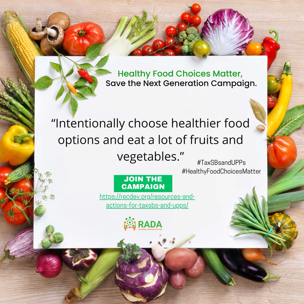 Healthy Choices, Healthy Lives

Make your plate powerful: Eat more fruits &amp; veggies, ditch processed snacks.
#HealthyFoodChoicesMatter
#TaxSBsandUPPs

<a href="/Recdefcameroon/">Reconciliation and Development Association, RADA</a>
<a href="/MinsanteCMR/">MinsanteCameroun</a> 
<a href="/minfi_cameroun/">Ministère des Finances du Cameroun (MINFI)</a> 
<a href="/IncubatorGHAI/">Global Health Advocacy Incubator</a> 
<a href="/TobaccoFreeKids/">Campaign for Tobacco-Free Kids</a> 
<a href="/CameroonNCDA/">Cameroon NCD Alliance (CNCDA)</a>