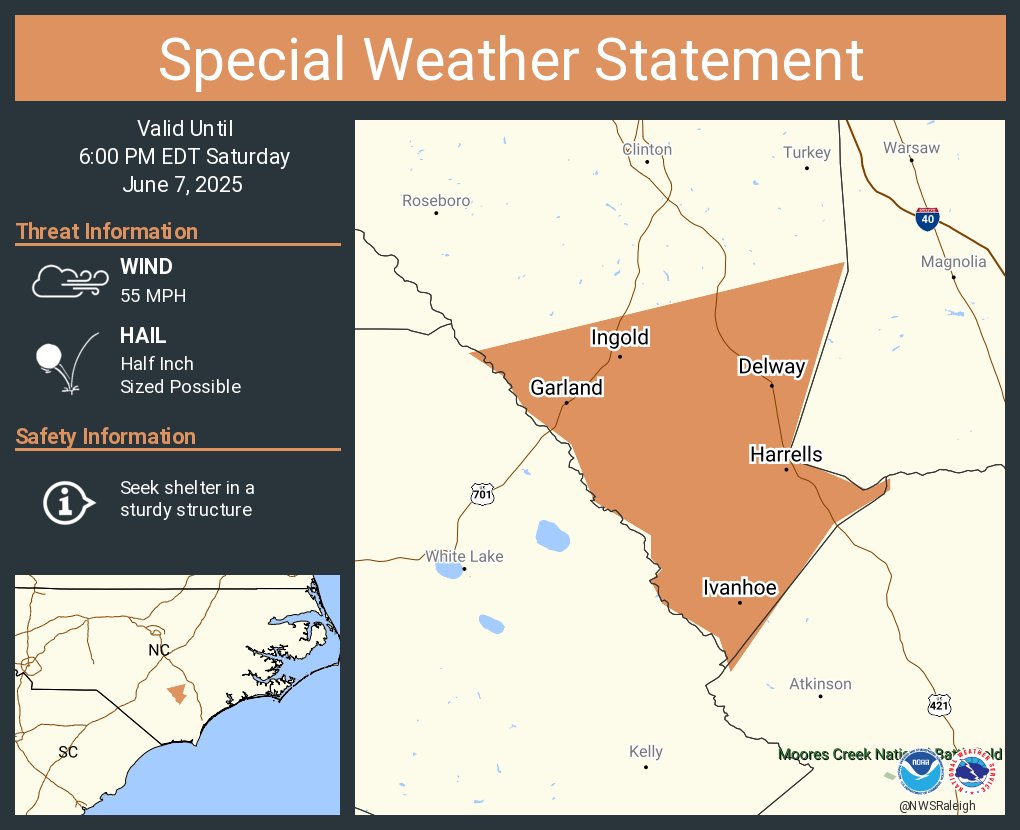 A special weather statement has been issued for Garland NC, Ingold NC and  Ivanhoe NC until 6:00 PM EDT