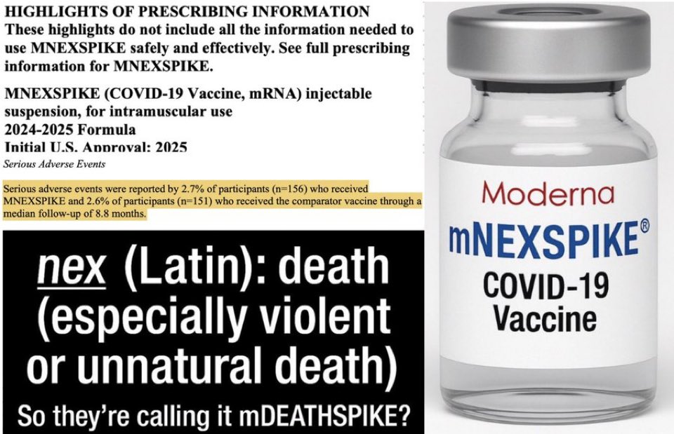 The Genocide continues…

“Moderna’s Next-Gen mRNA Shot is literally named after Death. The FDA just approved mNEXSPIKE, despite a 2.7% serious adverse event rate in trials. In Latin, ‘NEX’ means violent death…” -Nicholas Hulscher MPH.