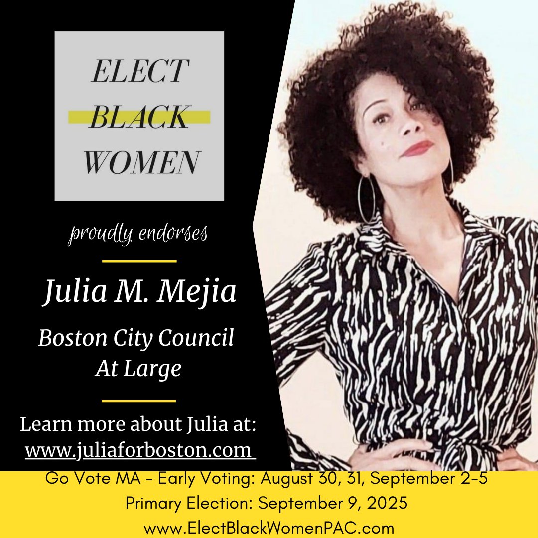 Elect Black Women PAC is proud to endorse Julia Mejia for Boston City Councilor At-Large!

Julia’s journey is one of resilience. Now in her 3rd term, she continues to speak truth to power and champion the voices too often ignored.

Donate: ow.ly/OAx650VCKZ2
#ElectBlackWomen