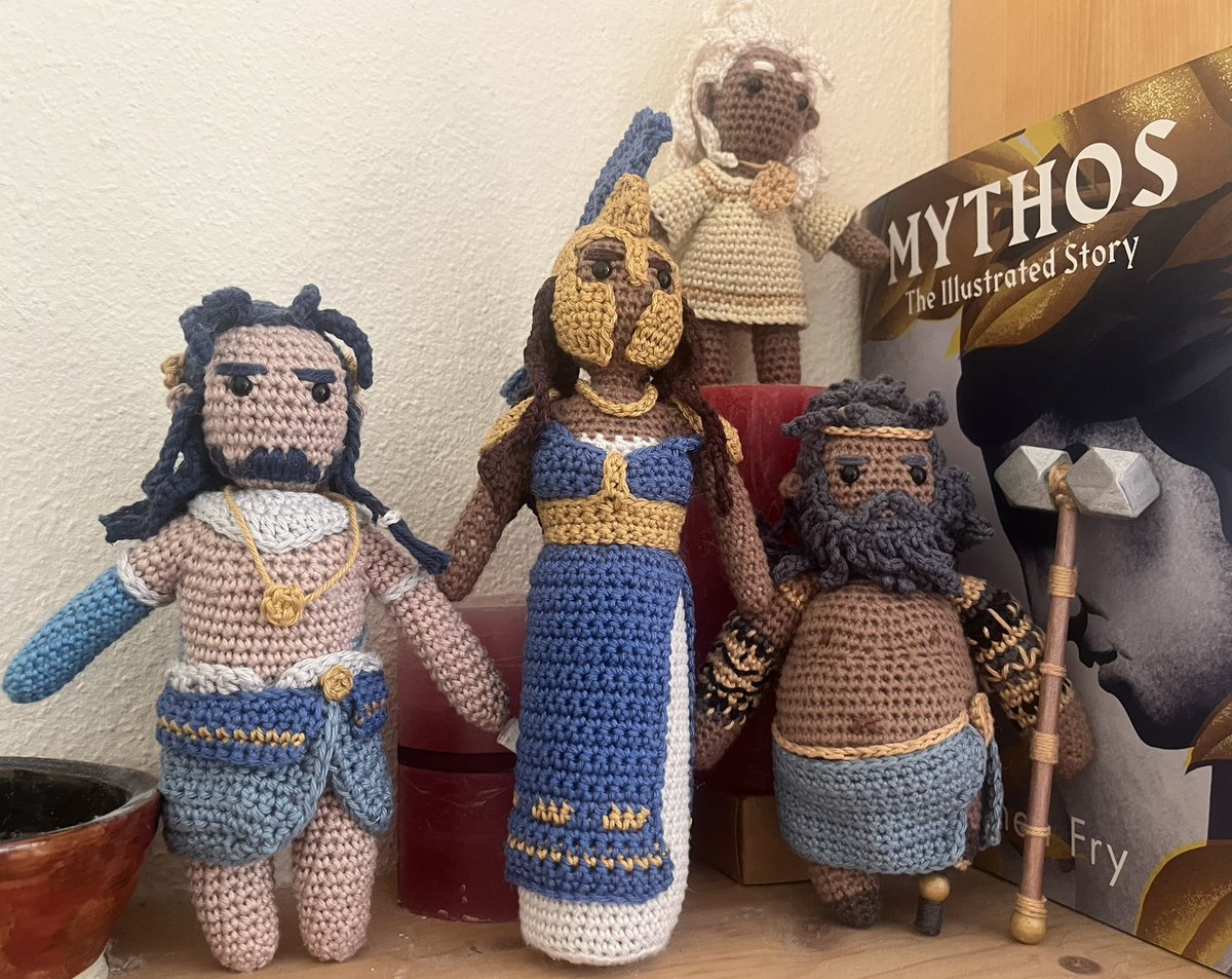 FoxTheRedCat's tweet image. Warrior of the mind, forged in wisdom and thread: Athena herself!🦉✨
—
She turned out quite a bit taller than the others🧶
(Poseidon and little Zeus design by @IllustratorNeal)
#epicthemusical #epicthemusicalfanart #athena #poseidon #crochet #GreekMythology
