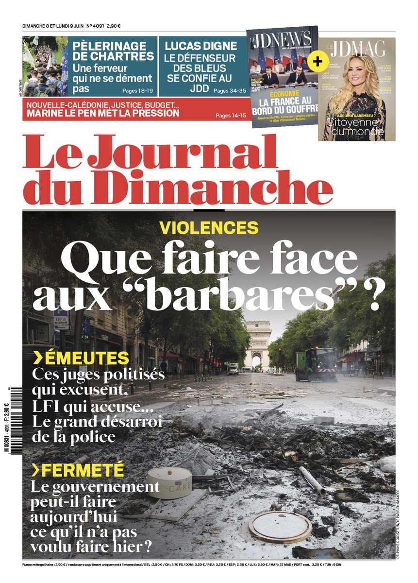 🗞️ À la Une du Journal du Dimanche du 8 juin !
➡️ Violences : que faire face aux «barbares» ?
➡️ Amélie de Montchalin recadre les ministres sur le budget 2026
➡️ Marine Le Pen au JDD : «Plus rien n’est maîtrisé en France»
➡️ Le défenseur des Bleus Lucas Digne se confie