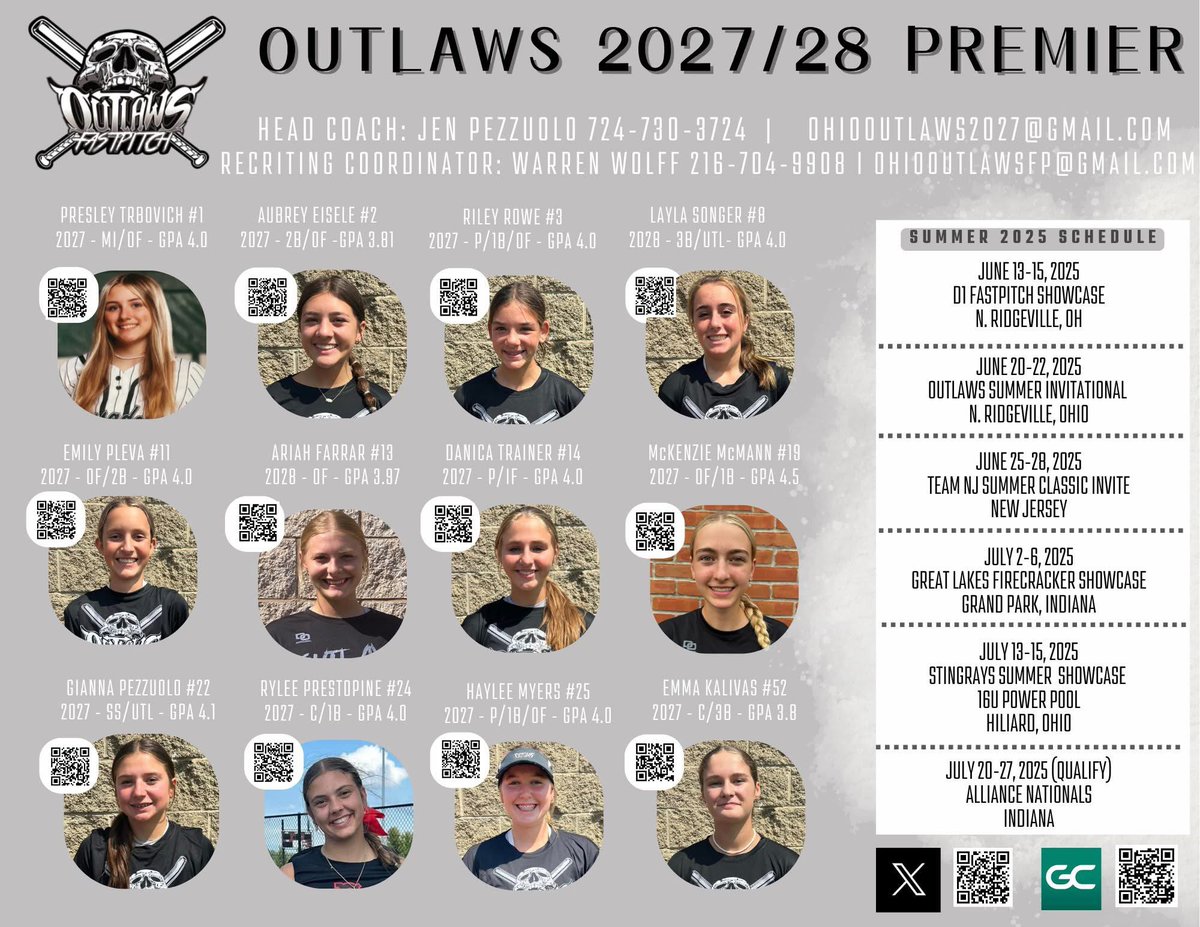 It's ALMOST TIME!!!!! Our Outlaws 2027/28 Premier Pezzuolo girls are ready to be back on the dirt together after successful HS seasons!! 
Here is our SUMMER SCHEDULE and detailed info will be posted today for our first tournament of the summer - D1 Fastpitch SUPER SELECT SHOWCASE