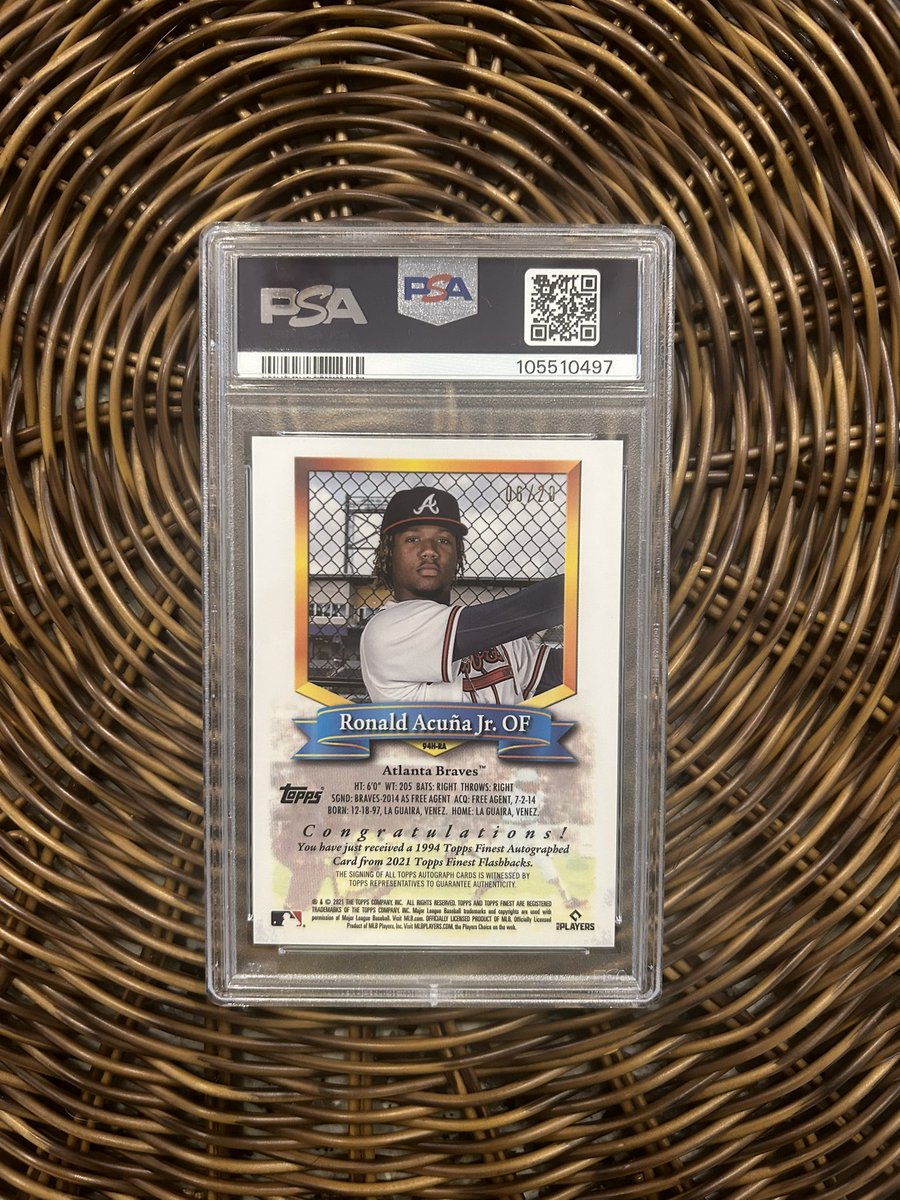 Jpage1999's tweet image. Anybody want a nice Acuña? Would like to move it to help buy a big rainbow piece. Asking $300, /20 and pop 7 none higher if it matters
