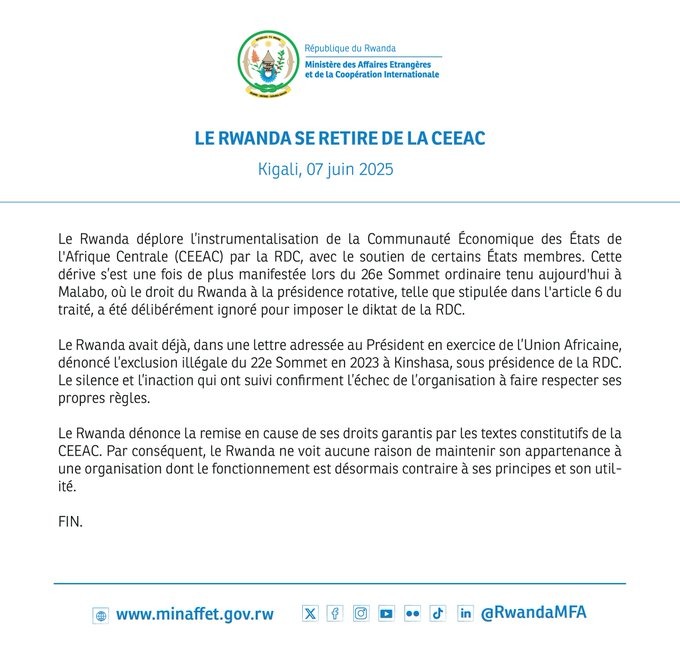OBSERVE que le Rwanda s'est retiré de la CEEAC, une organisation sous-régionale dont "...le f(x)ment est désormais contraire à ses principes..." selon le communiqué de Kigali daté du 7.06.2025. Attendons la même réaction pour ce qui concerne l'OIF incessamment <a href="/fatshi13/">Félix A. Tshisekedi</a>,<a href="/PLukwebo/">Modeste Bahati Lukwebo</a>