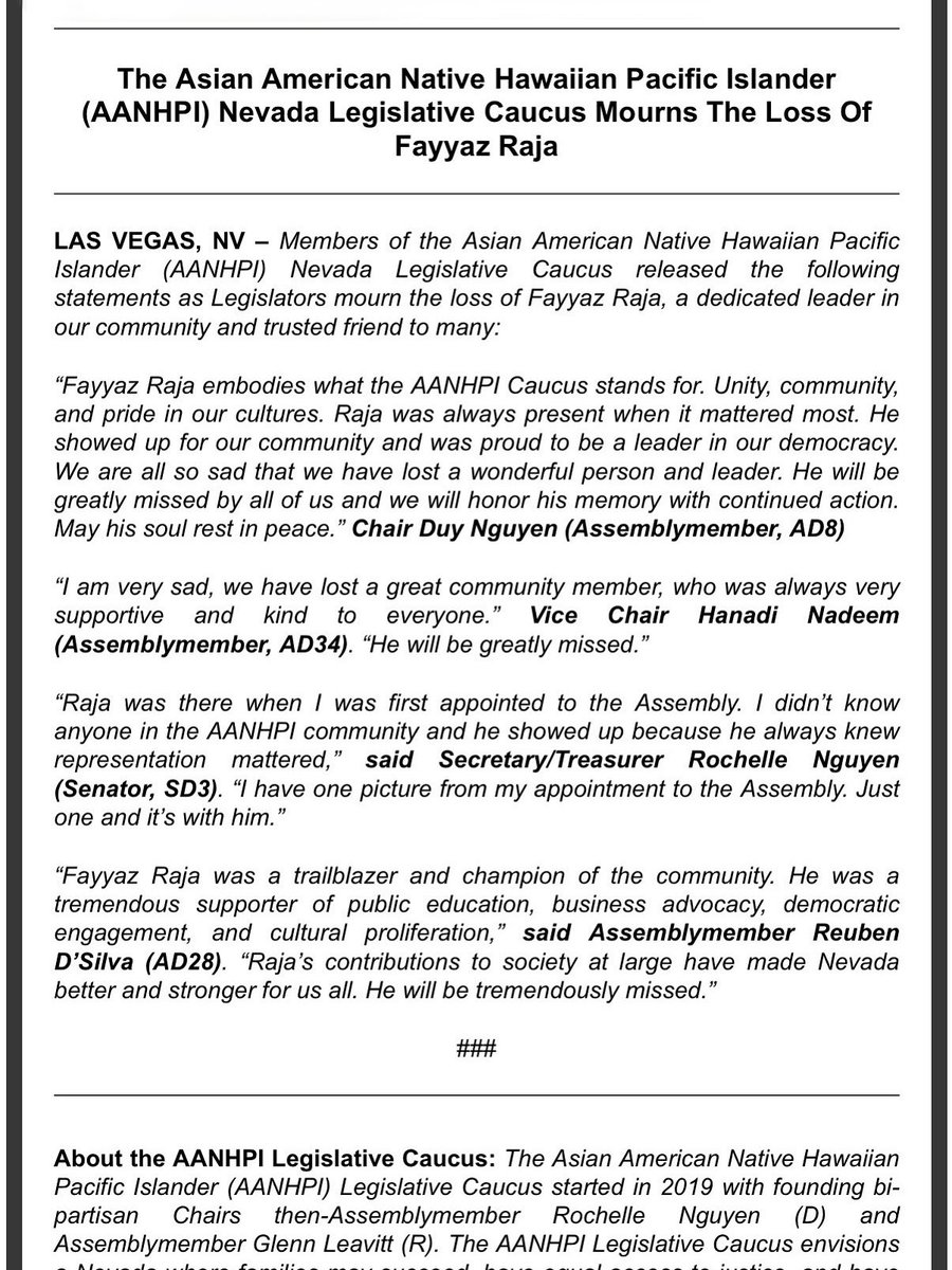 Our caucus statements on the passing of our friend and community partner Fayyaz Raja ❤️

#NVLeg